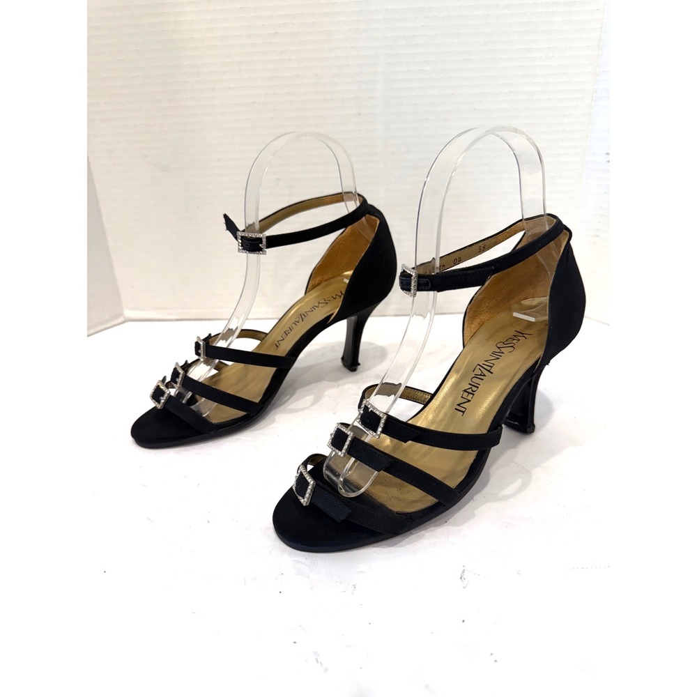 Yves Saint Laurent Black Suede Crystal Buckle Heel Sandals Sz 5